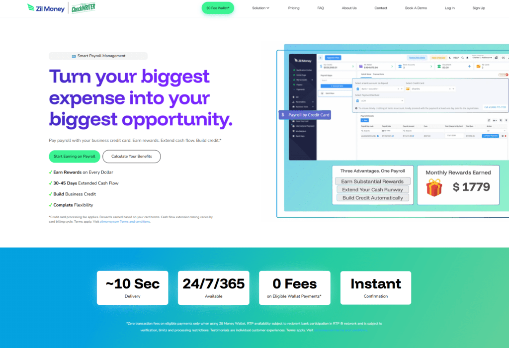 Zil Money dashboard showing payroll by credit card feature that lets businesses pay payroll using a credit card to earn rewards