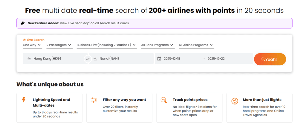 Screenshot of PointsYeah Home page showcasing it's real time search capacity