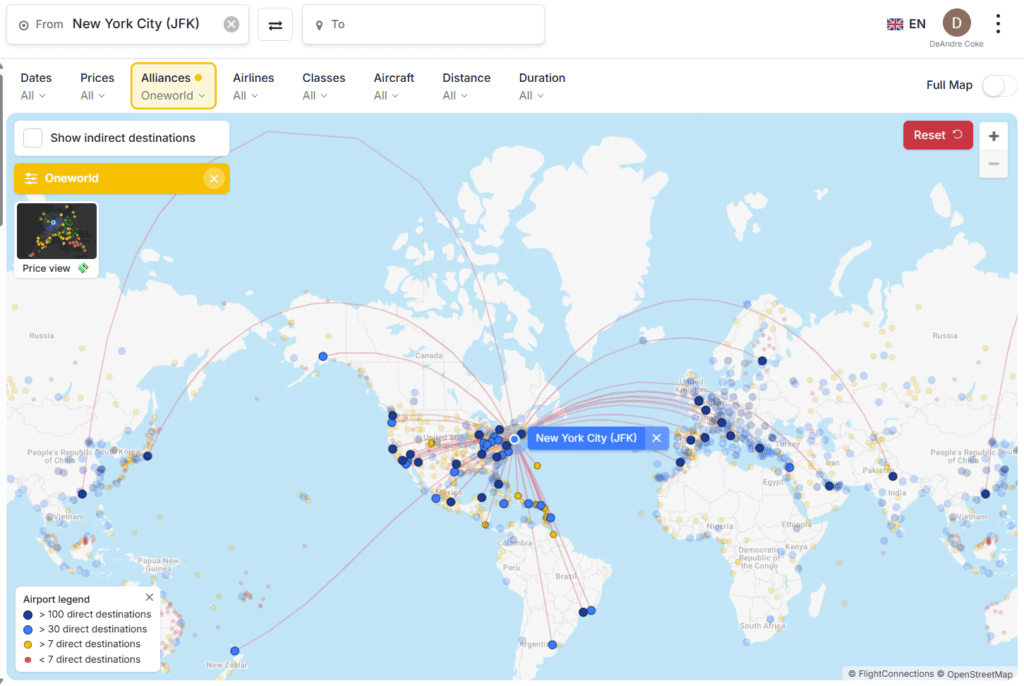 Screenshot of Flightconnections.com showing All One World flights from JFK