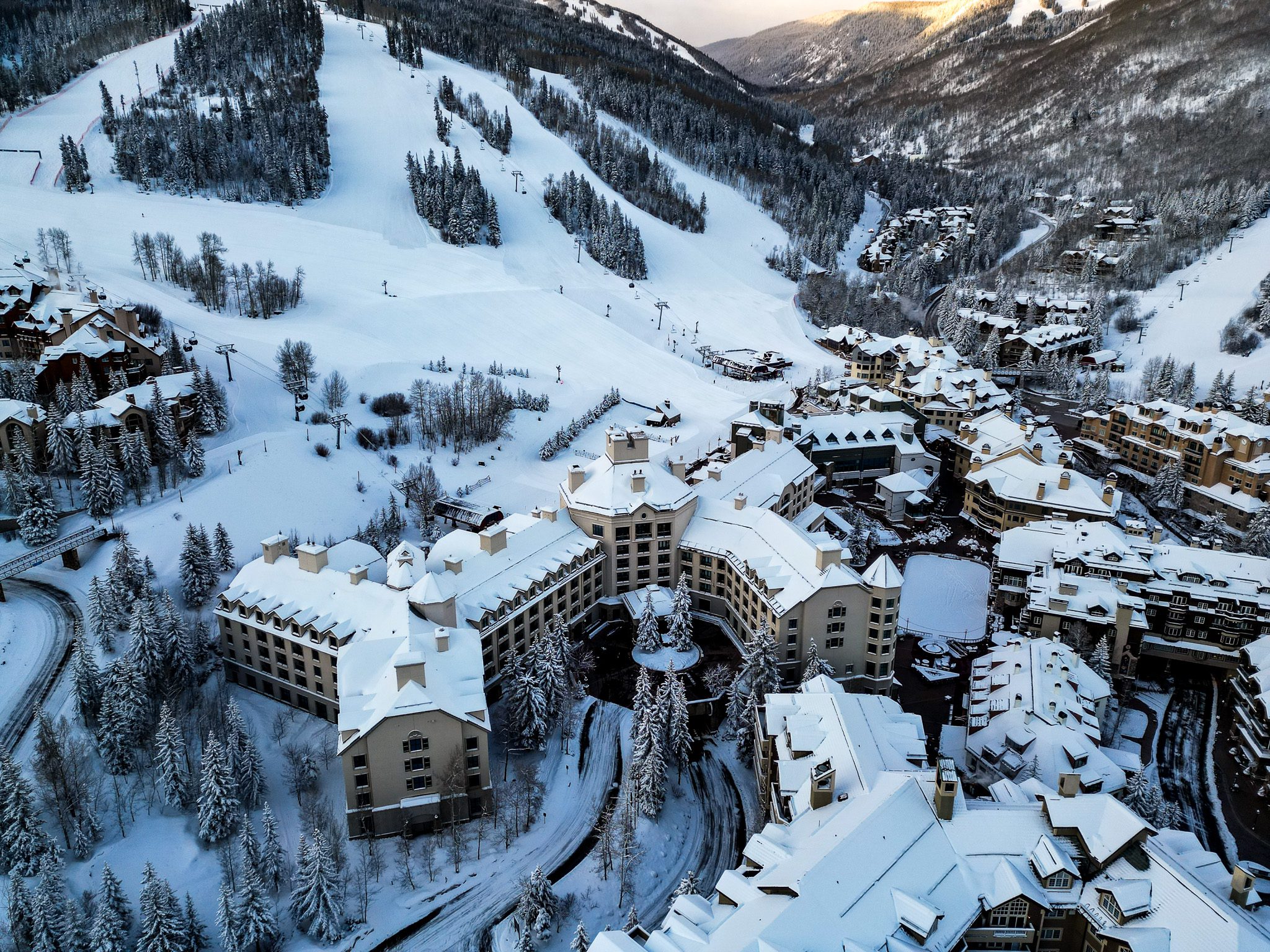 Aerial winter view of Park Hyatt Beaver Creek with ski-in/ski-out access and surrounding village