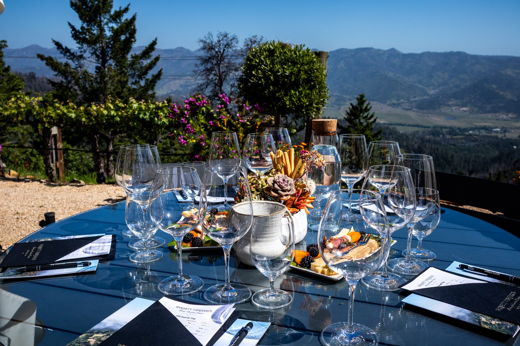 Outdoor wine tasting setup with empty glasses, gourmet snacks, and floral centerpiece on a glass table overlooking scenic vineyard-covered hills and mountains in Napa Valley.