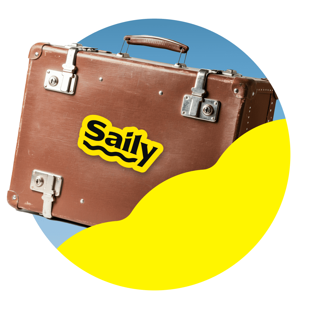 Brown vintage suitcase with a yellow Saily logo sticker, partially covered by a bright yellow wave on a blue background.