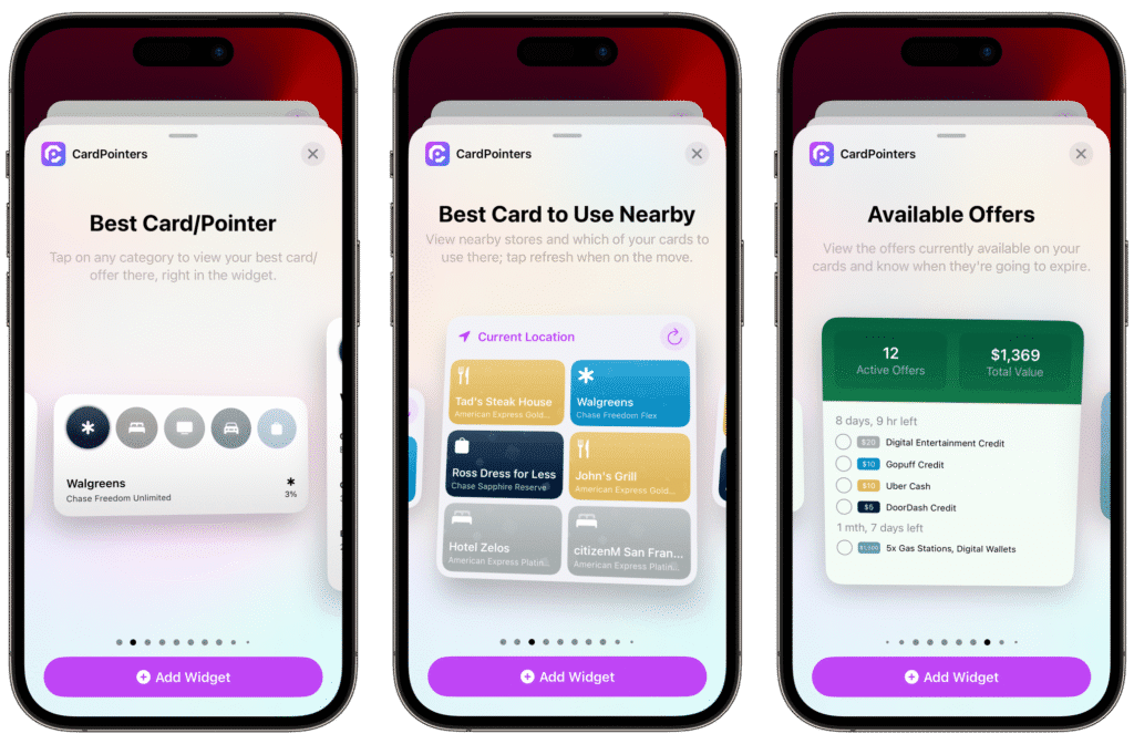 Three iPhones showing CardPointers widgets: best card for each purchase category, nearby stores with ideal cards, and available card offers with total value and expiration dates