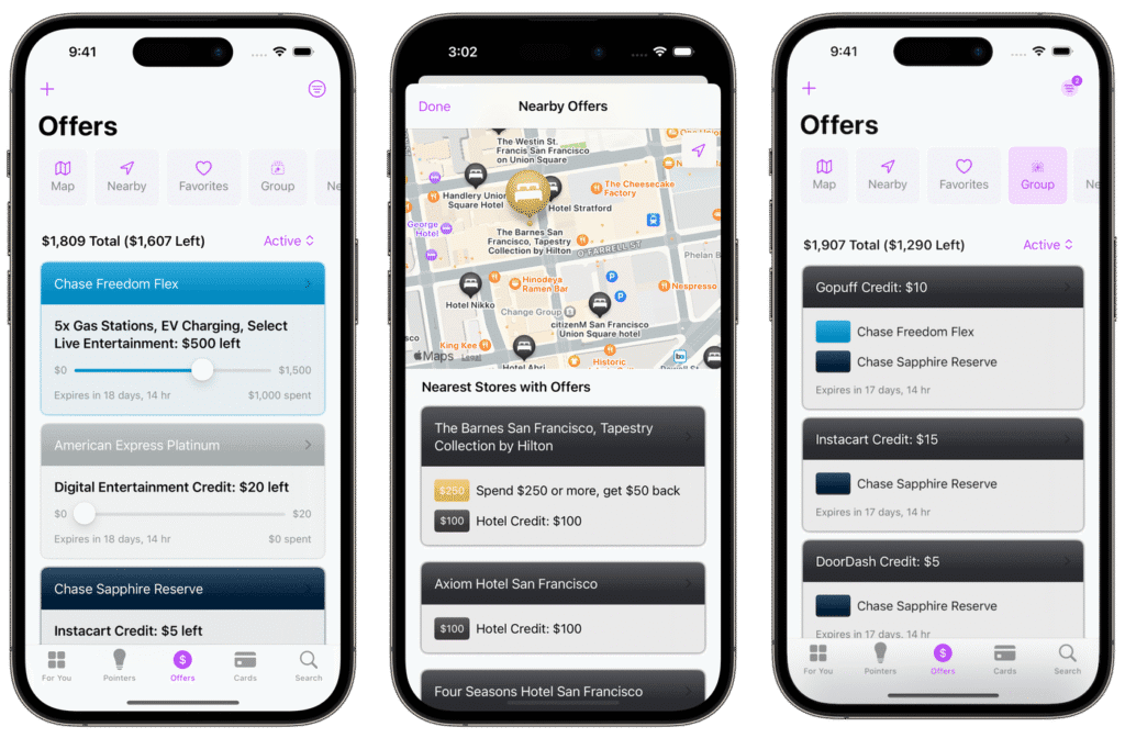 Three iPhones showing the CardPointers app interface: tracking available credits on Chase and Amex cards, a map of nearby stores with active offers, and grouped credits including GoPuff, Instacart, and DoorDash.