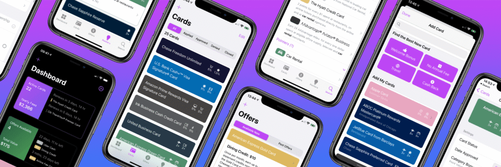 Multiple smartphone screens displaying the CardPointers app dashboard, credit card list, and offers tracker, with a gradient purple background