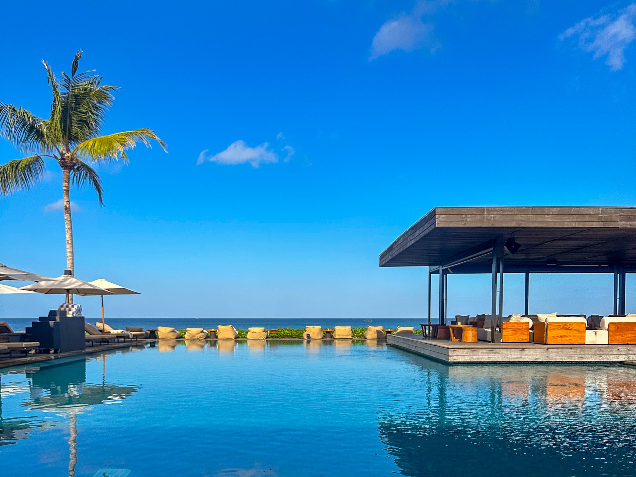 A serene infinity pool overlooking the ocean under a clear blue sky, with a single palm tree on the left, white umbrellas shading lounge chairs, and a modern open-air pavilion with cushioned seating on the right.
