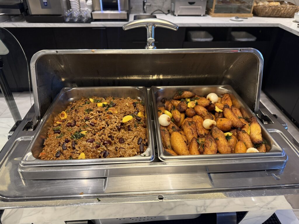 Regency Club buffet trays with Jamaican rice and peas and seasoned plantains at the Hyatt Regency JFK.