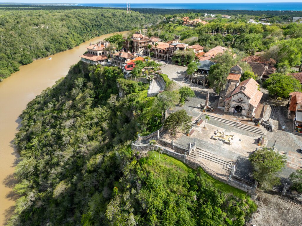 Aerial view of Altos de Chavón at Casa de Campo, a stone village perched above the Chavón River in the Dominican Republic