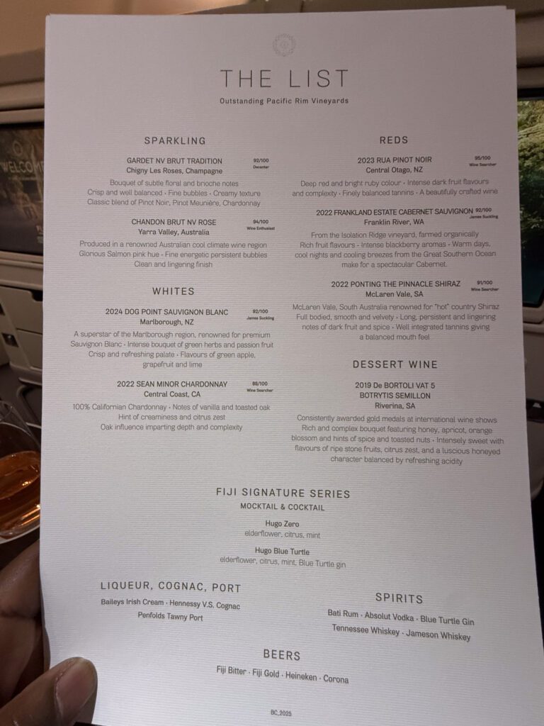 Fiji Airways business class wine list and beverage menu highlighting Pacific Rim wines, Fiji Signature cocktails, and premium spirits.