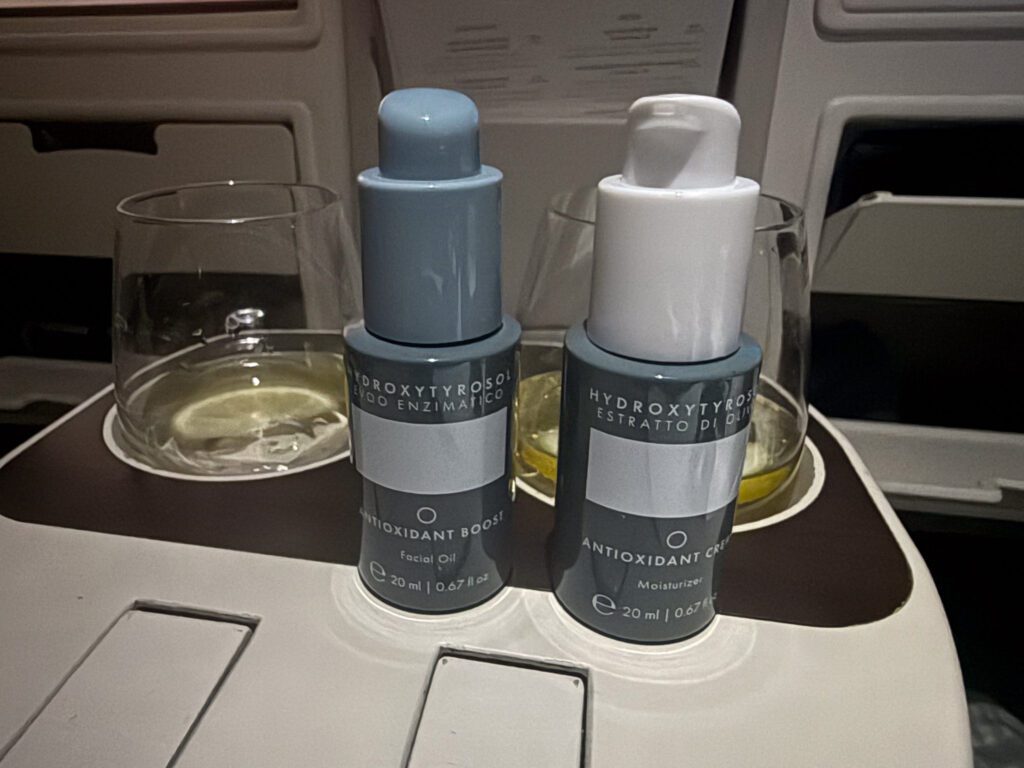Fiji Airways A330 business class skincare amenities including antioxidant facial oil and moisturizer provided during the Hong Kong to Nadi flight.
