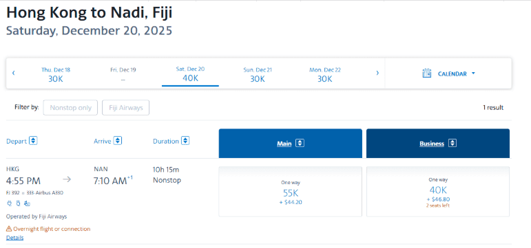Screenshot showing Fiji Airways business class award availability from Hong Kong (HKG) to Nadi, Fiji (NAN) for 40,000 miles and $46.80 in taxes on an Airbus A330 nonstop flight.