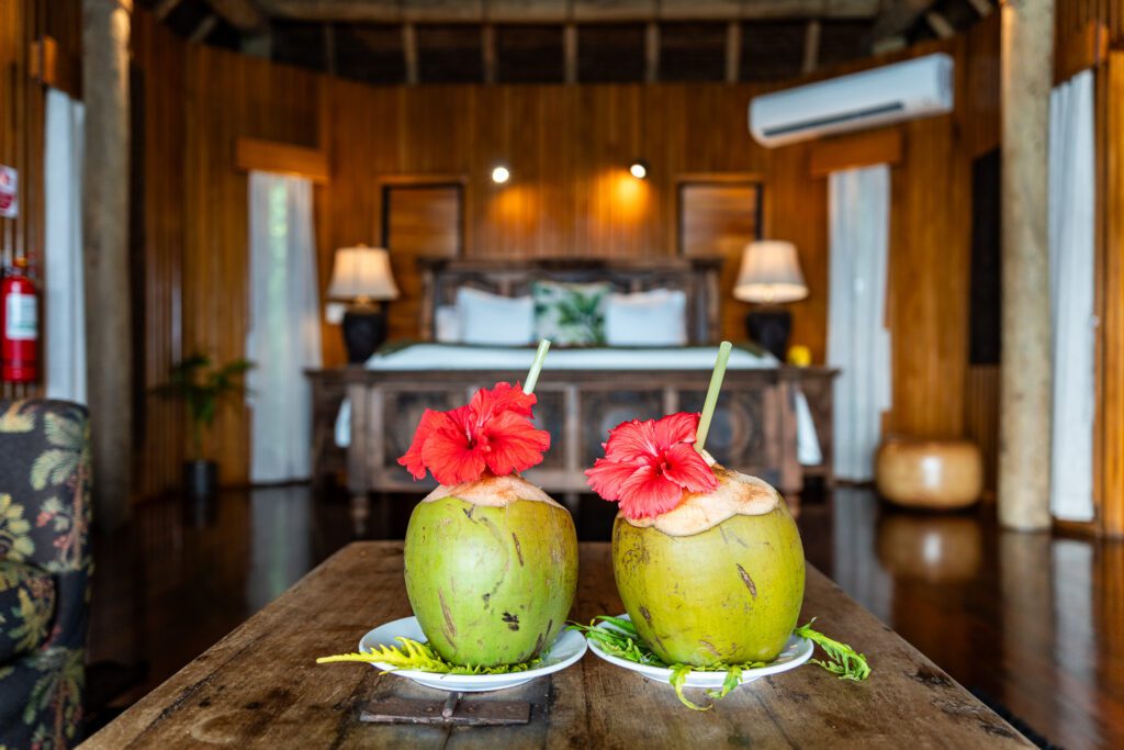 Fresh coconuts with hibiscus flowers served inside a luxury private villa at Namale Resort & Spa in Fiji.
