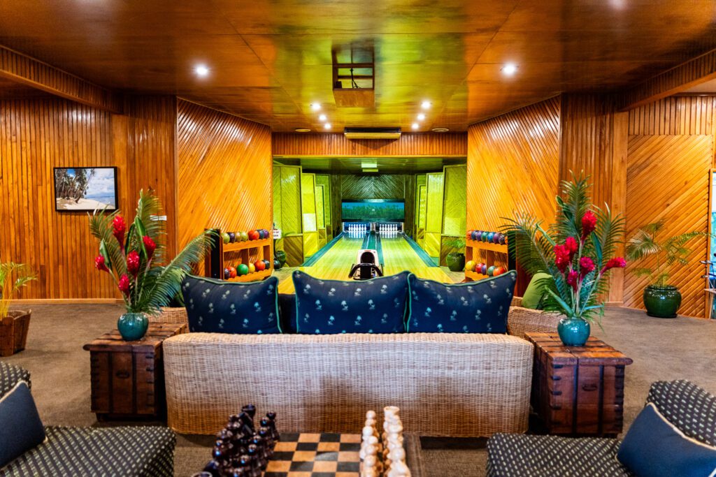 Two-lane indoor bowling alley known as The Kava Bowl inside Namale Resort, an adults-only all-inclusive in Fiji.