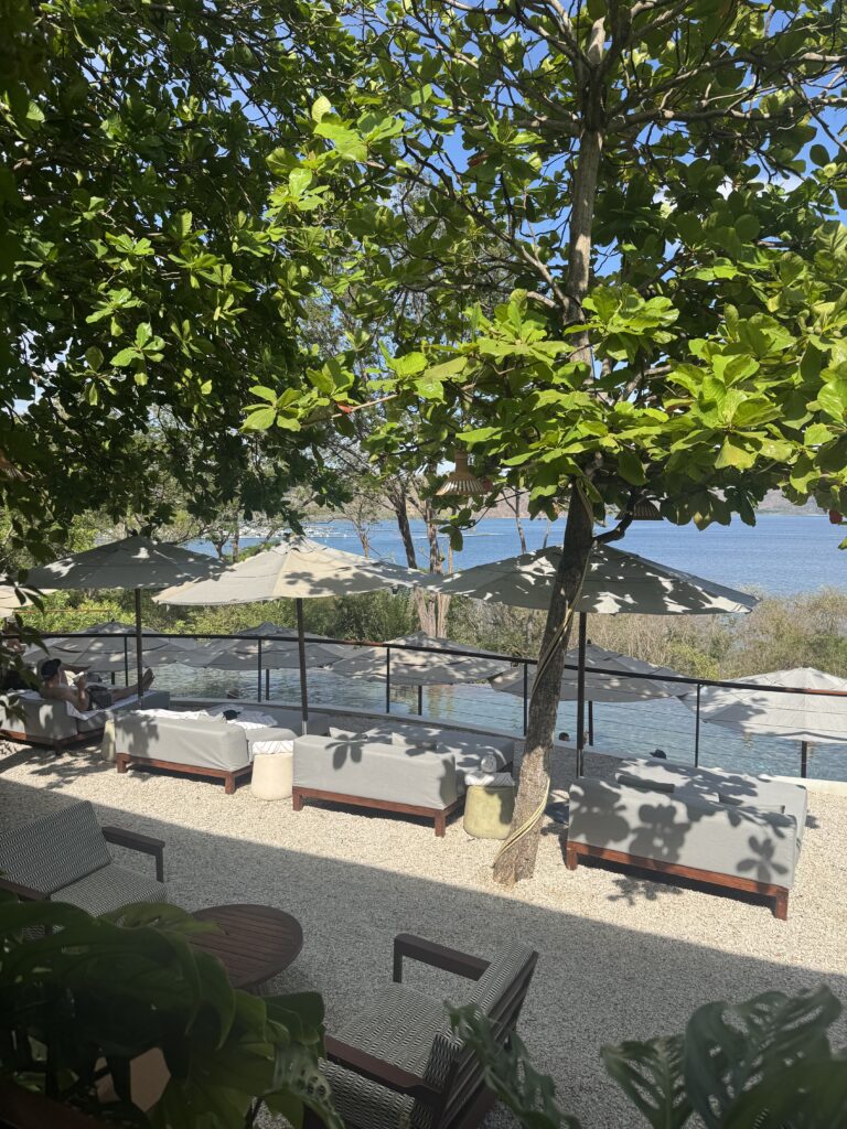Adult pool loungers with ocean views at Andaz Papagayo Costa Rica surrounded by lush greenery