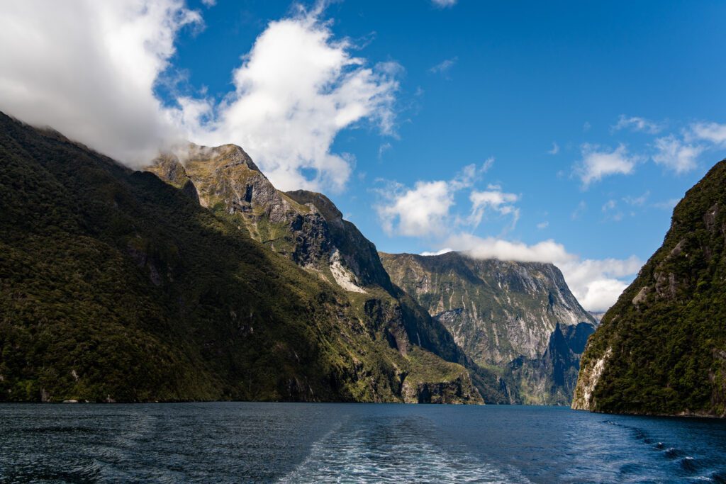 View from Milford Sound cruise showing steep cliffs and calm fjord waters