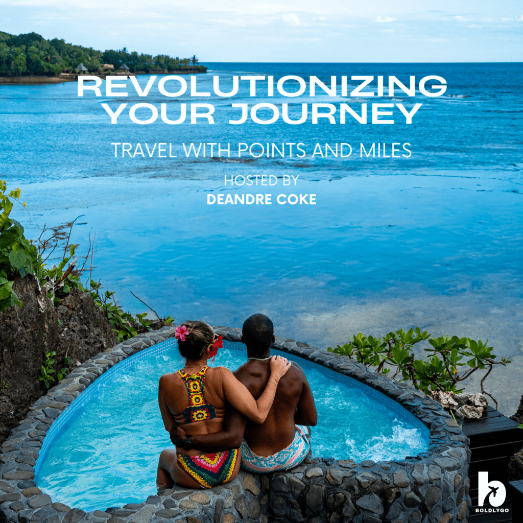 Couple relaxing in a private oceanfront plunge pool overlooking tropical water, featured on the Revolutionizing Your Journey podcast cover about traveling with points and miles