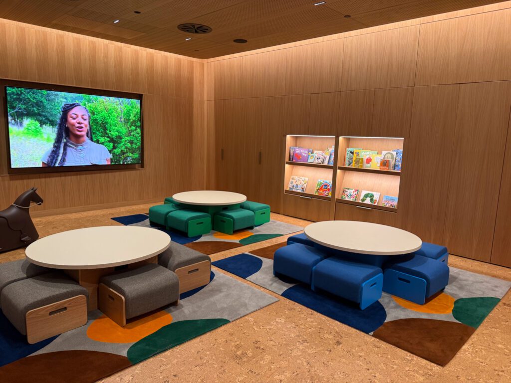 Qantas Auckland Lounge kids play area with seating and books for families