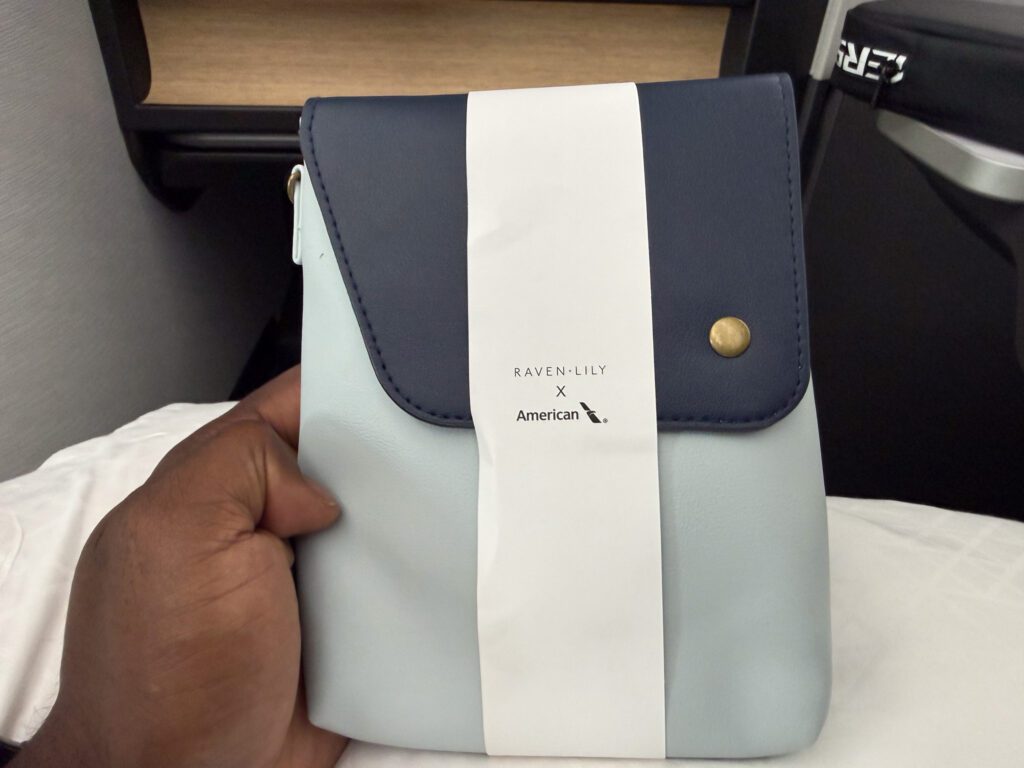 American Airlines 787-9 business class Raven Lily amenity kit on AKL to DFW flight