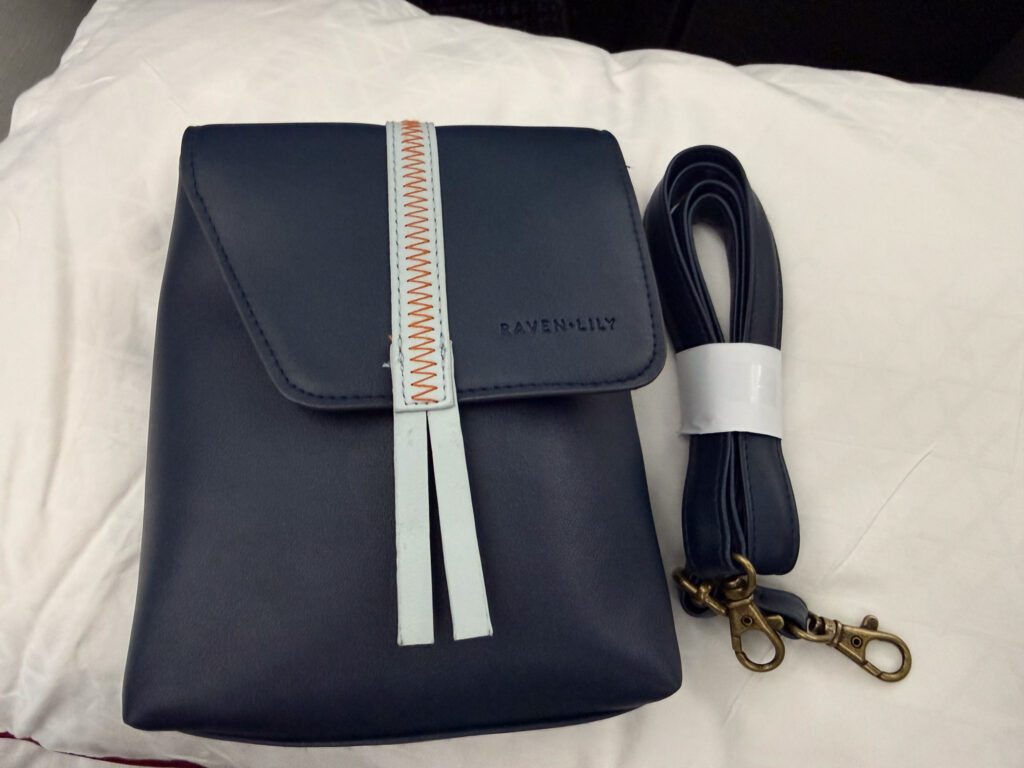 American Airlines business class amenity kit with strap on Boeing 787-9