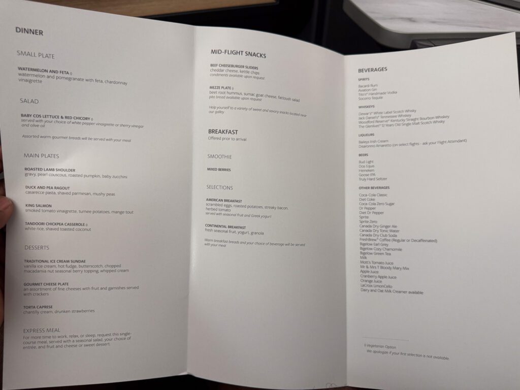 American Airlines business class menu on Auckland to Dallas flight