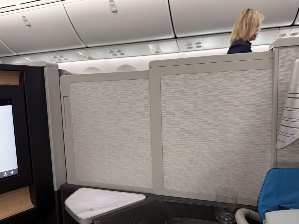American Airlines flagship business class suite with privacy divider raised on 787-9