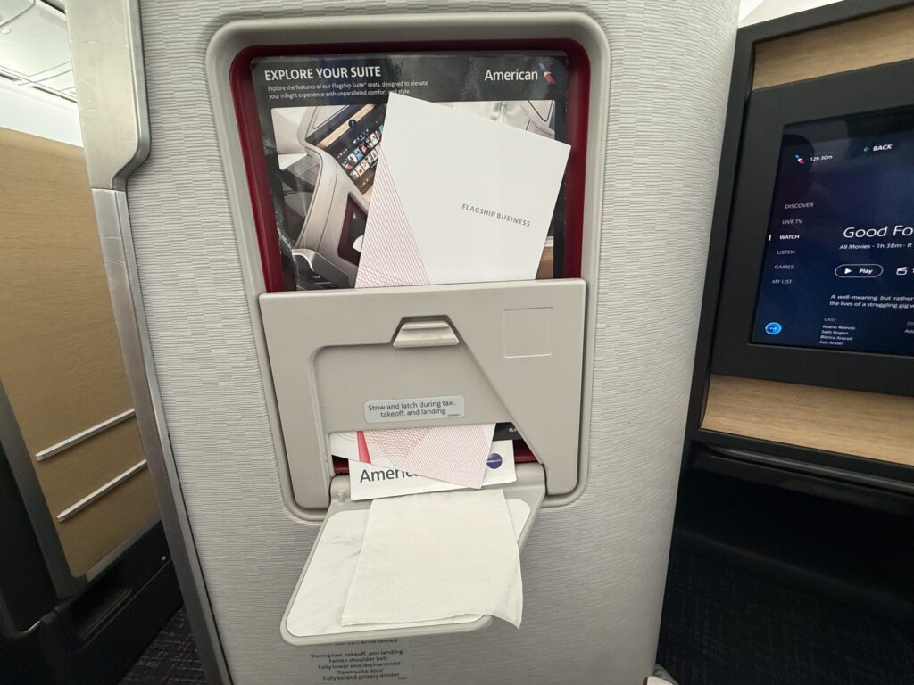 American Airlines 787-9 business class tray table and workspace setup