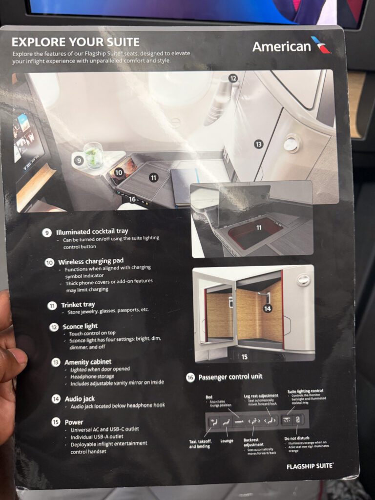 American Airlines flagship suite seat guide showing features and controls on 787-9