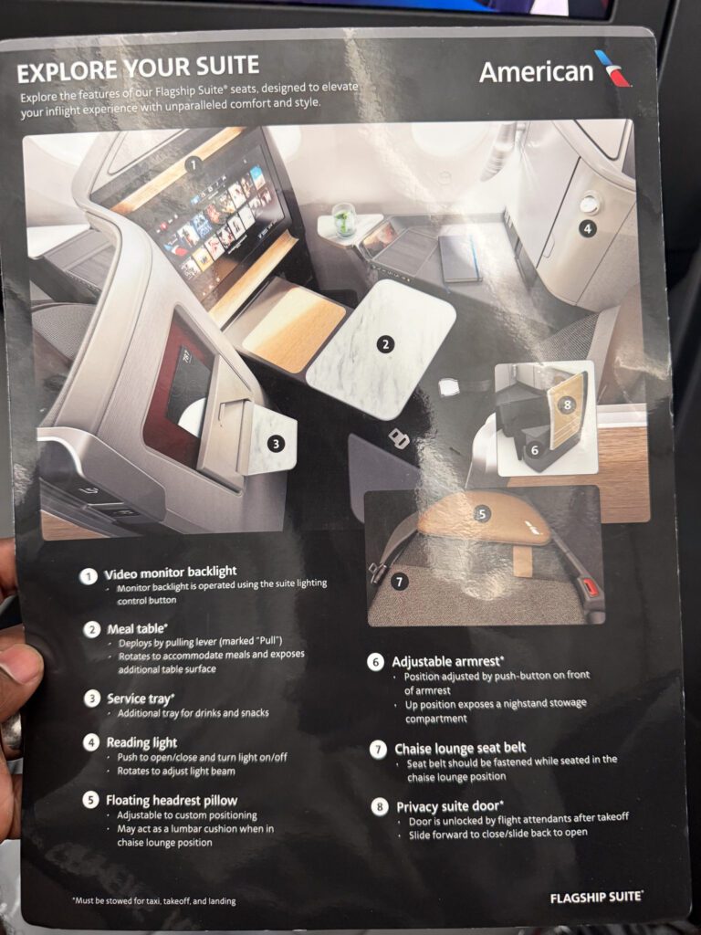 American Airlines business class suite features card with seat functions and storage details