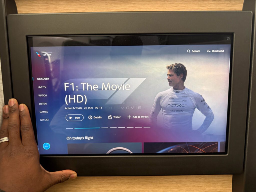 American Airlines 787-9 inflight entertainment screen showing movie selection in business class