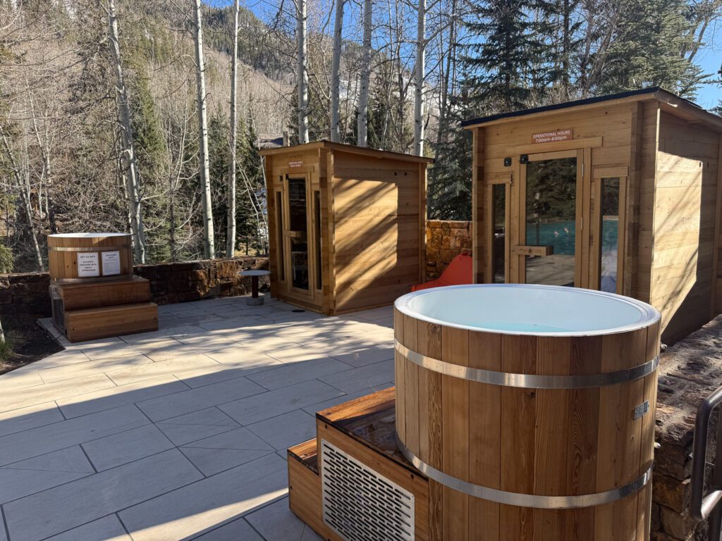 Grand Hyatt Vail outdoor cold plunge tubs and sauna area overlooking Gore Creek in Cascade Village, Colorado