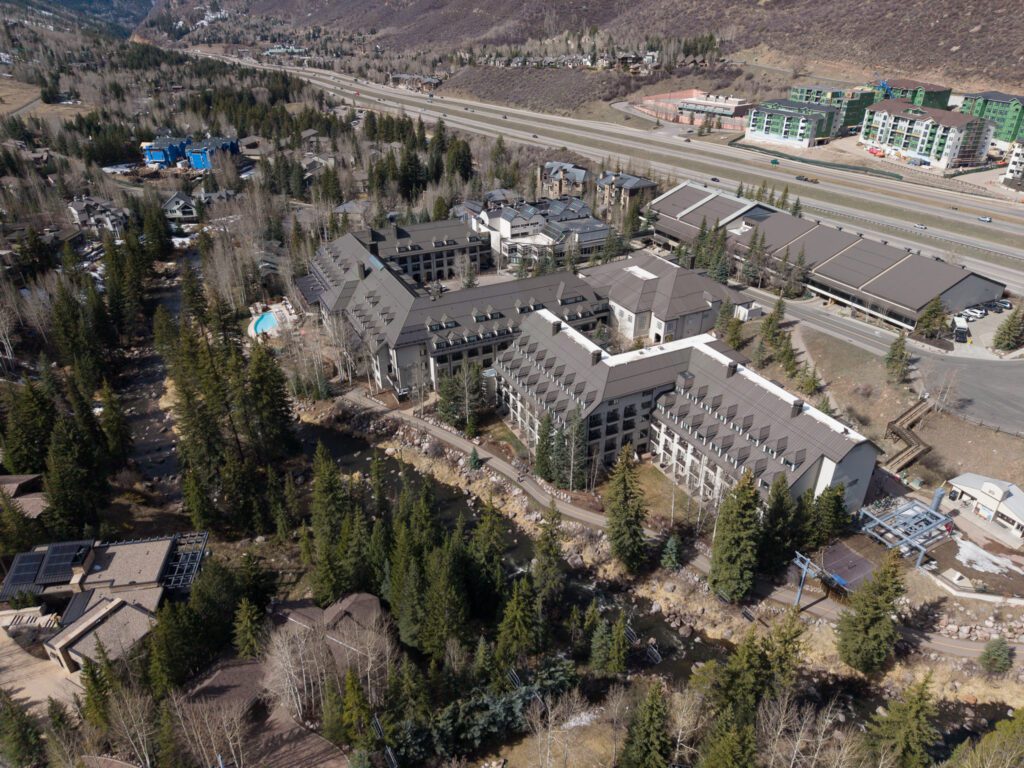 Grand Hyatt Vail aerial view showing Chair 20 ski lift access, Cascade Village location, and Gore Creek in Vail, Colorado
