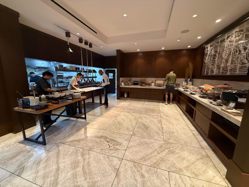 Breakfast buffet setup at Gessner Restaurant at Grand Hyatt Vail featuring hot and cold breakfast selections