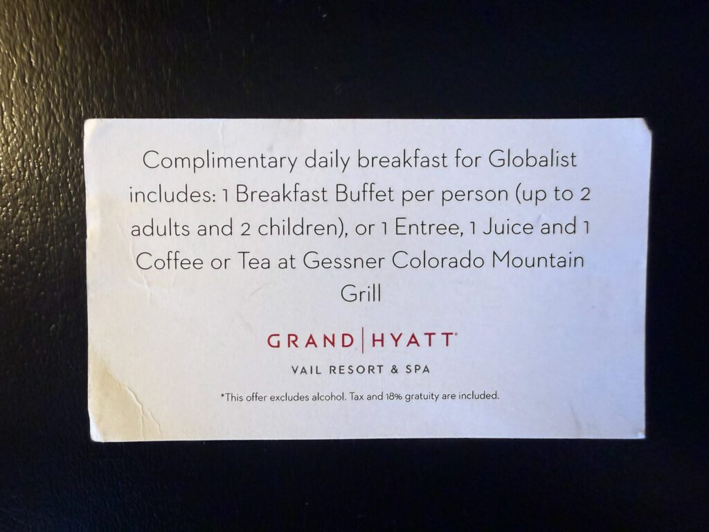 World of Hyatt Globalist complimentary breakfast benefit details at Grand Hyatt Vail Resort & Spa