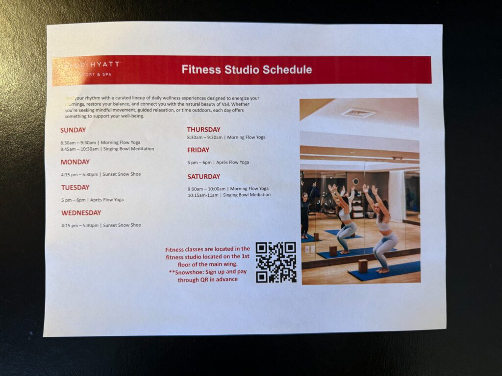 Grand Hyatt Vail fitness and wellness schedule featuring yoga, meditation, and snowshoe activities for guests