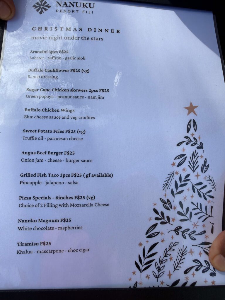 Nanuku Resort Fiji Christmas Day dinner menu with casual beachfront holiday dining options