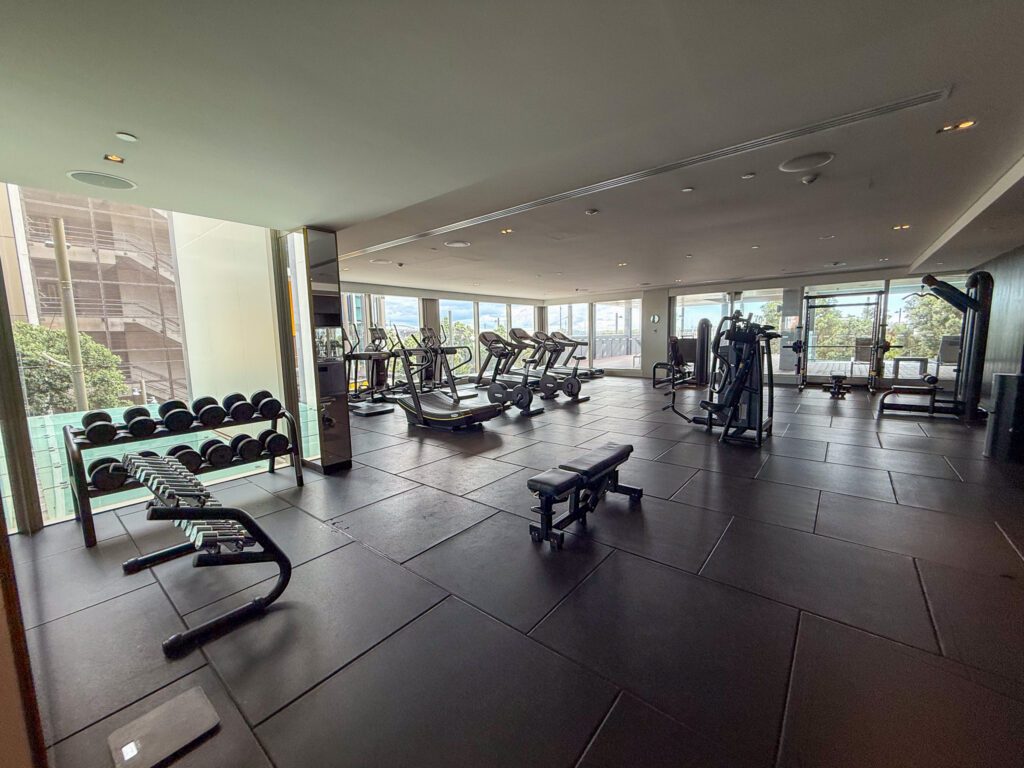 24-hour fitness center at Park Hyatt Auckland featuring cardio equipment, free weights, strength machines, and floor-to-ceiling windows