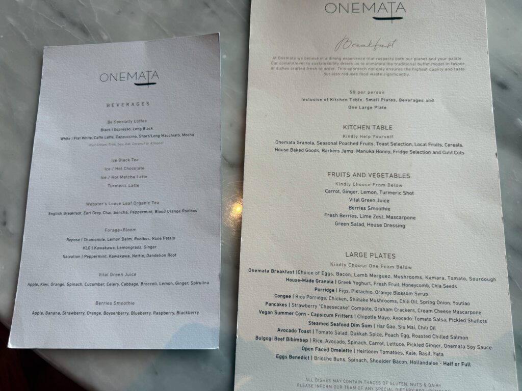 Onemata breakfast menu at Park Hyatt Auckland featuring Globalist breakfast options and cooked-to-order dishes