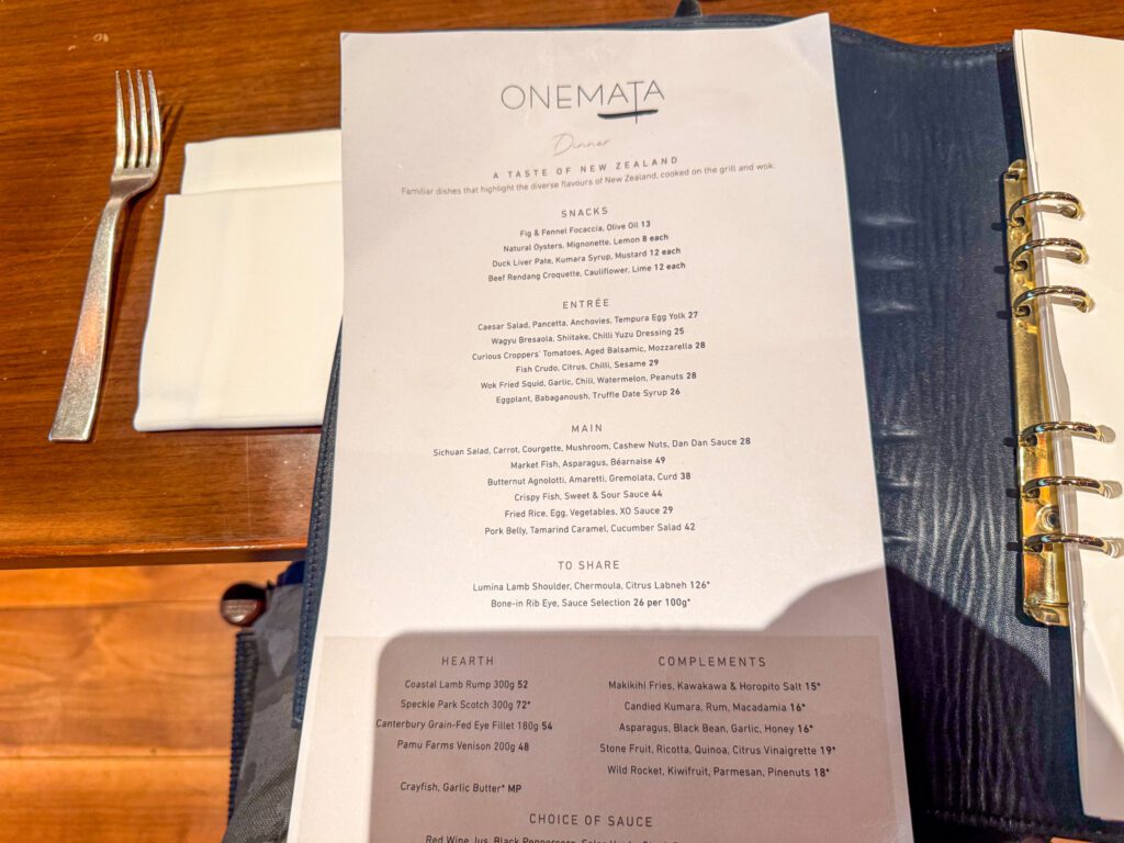 Dinner menu at Onemata restaurant inside Park Hyatt Auckland showcasing locally inspired New Zealand cuisine