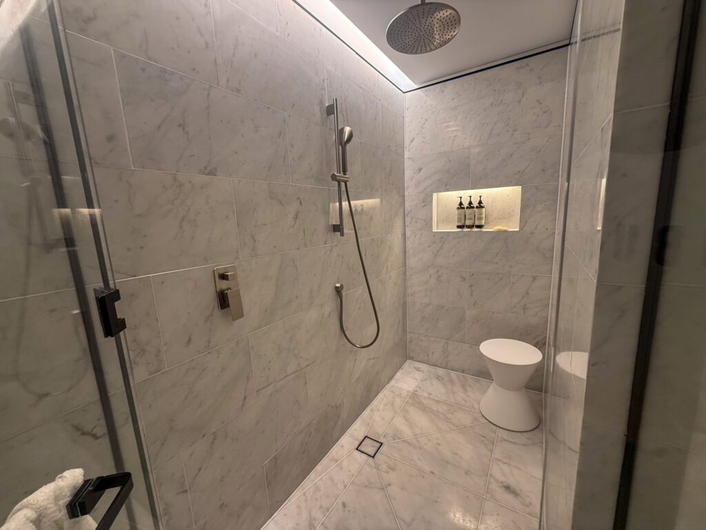 Large marble walk-in shower in the Park Hyatt Auckland Park Suite with rainfall showerhead and luxury bath amenities