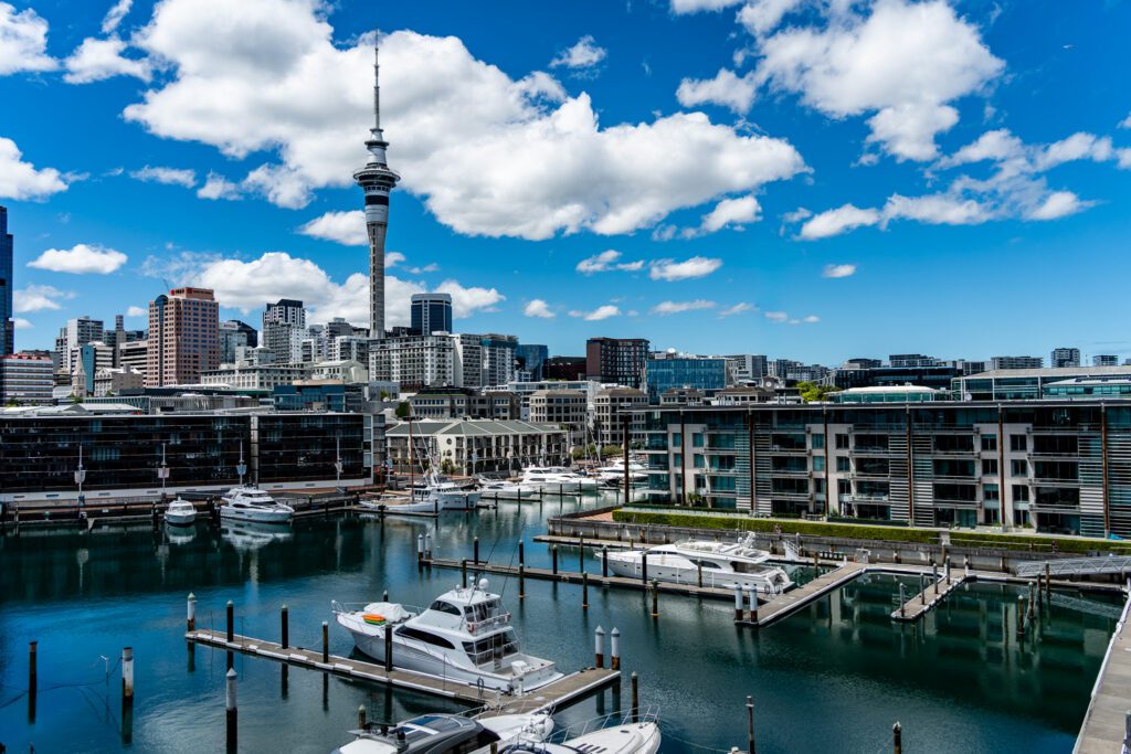 View from the Park Suite balcony at Park Hyatt Auckland overlooking the marina and Auckland Sky Tower